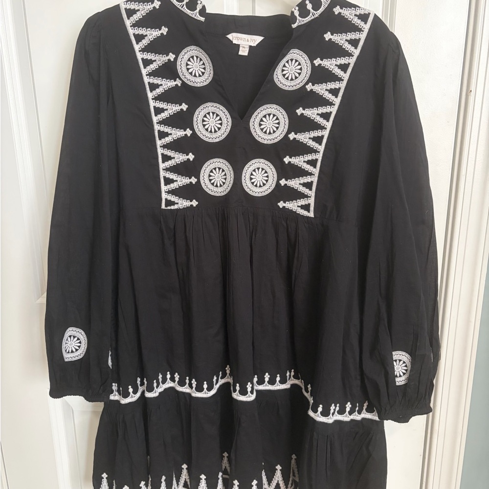 crown & ivy black dress with White Embroidered Yoke